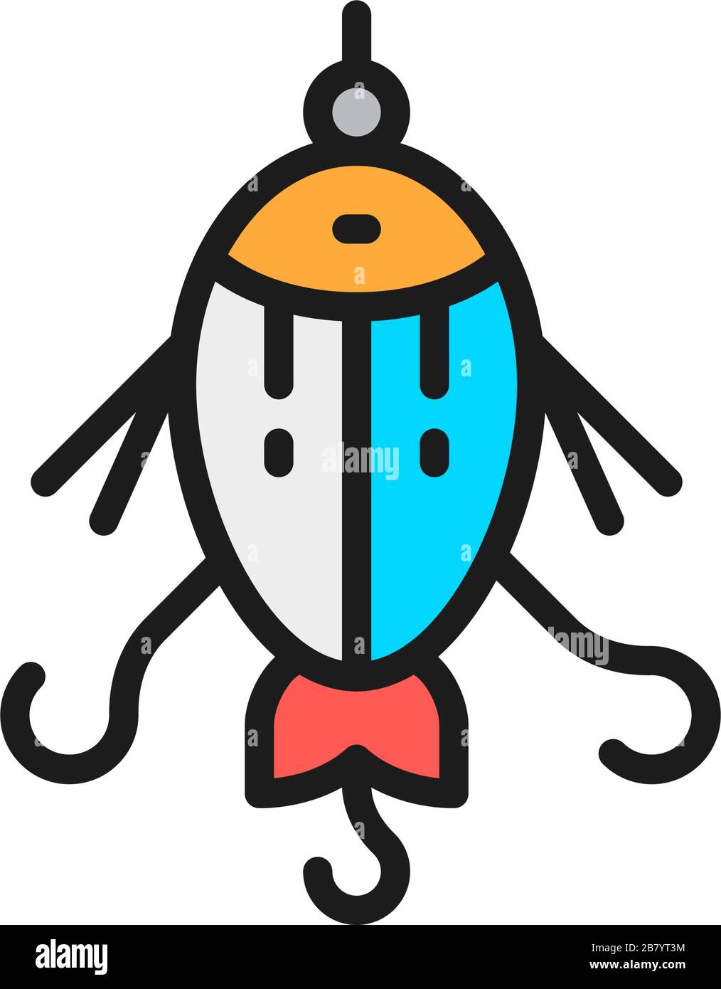Angelköder, Schwimmer, Lure, Fisch mit Haken - Symbol mit flacher Farbe. Stock Vektor