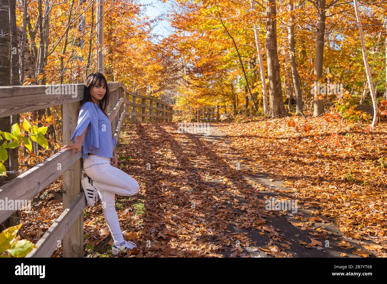 Frau, die die schönen Herbstfarben am Kancamagus Highway in New Hampshire USA genießt Stockfoto