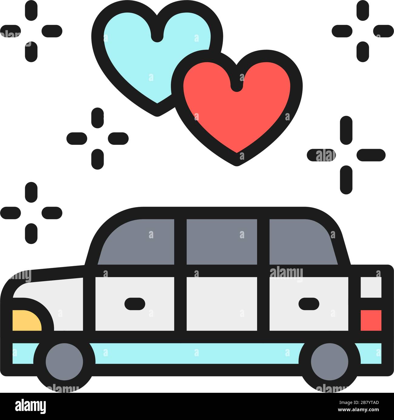 Hochzeitskauto, Flat Color Line Symbol für Limousinenservice. Stock Vektor