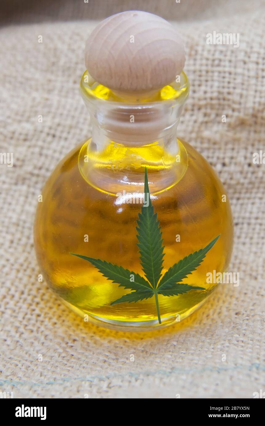 Hanfprodukte - Hanfsaatöl in der Glasflasche mit dem Hanfblatt auf dem Hanfgewebe Stockfoto