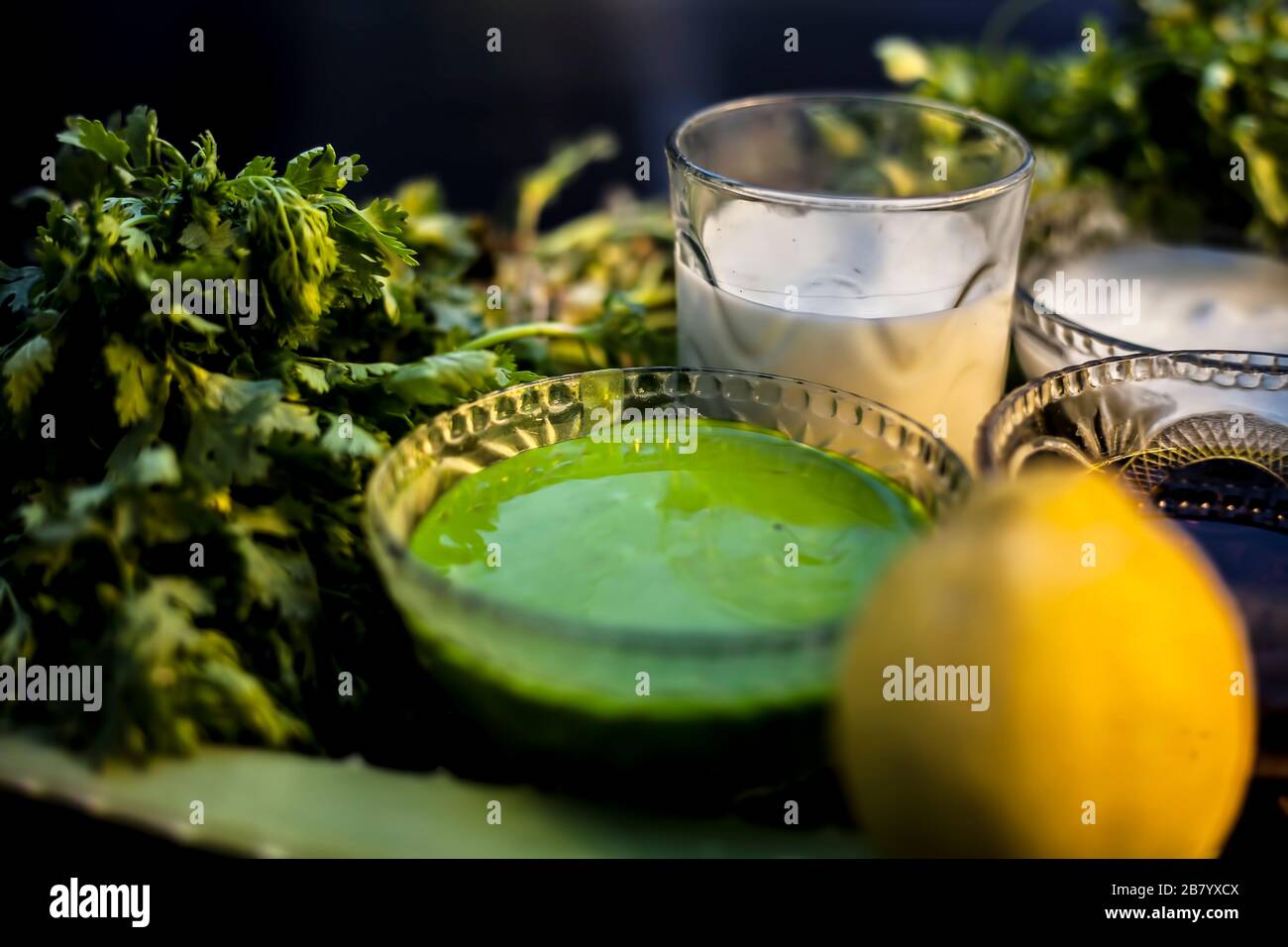 Haufen von Korianderblättern, Honig, Zitrone, Reis, Milch und Aloe Vera Gel Gesichtsmaske für alle Hauttypen und für natürliches Gesichtsleuchten auf einer schwarzen Holzsur Stockfoto