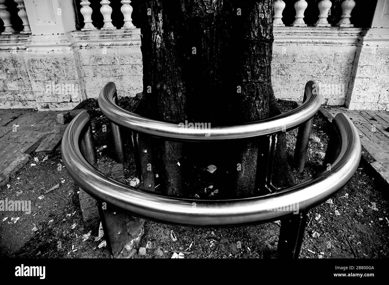 Metall-Edelstahlrohrbank zum Sitzen, Art Plaza, Kala Ghoda, Fort, Bombay, Mumbai, Maharashtra, Indien, Asien Stockfoto