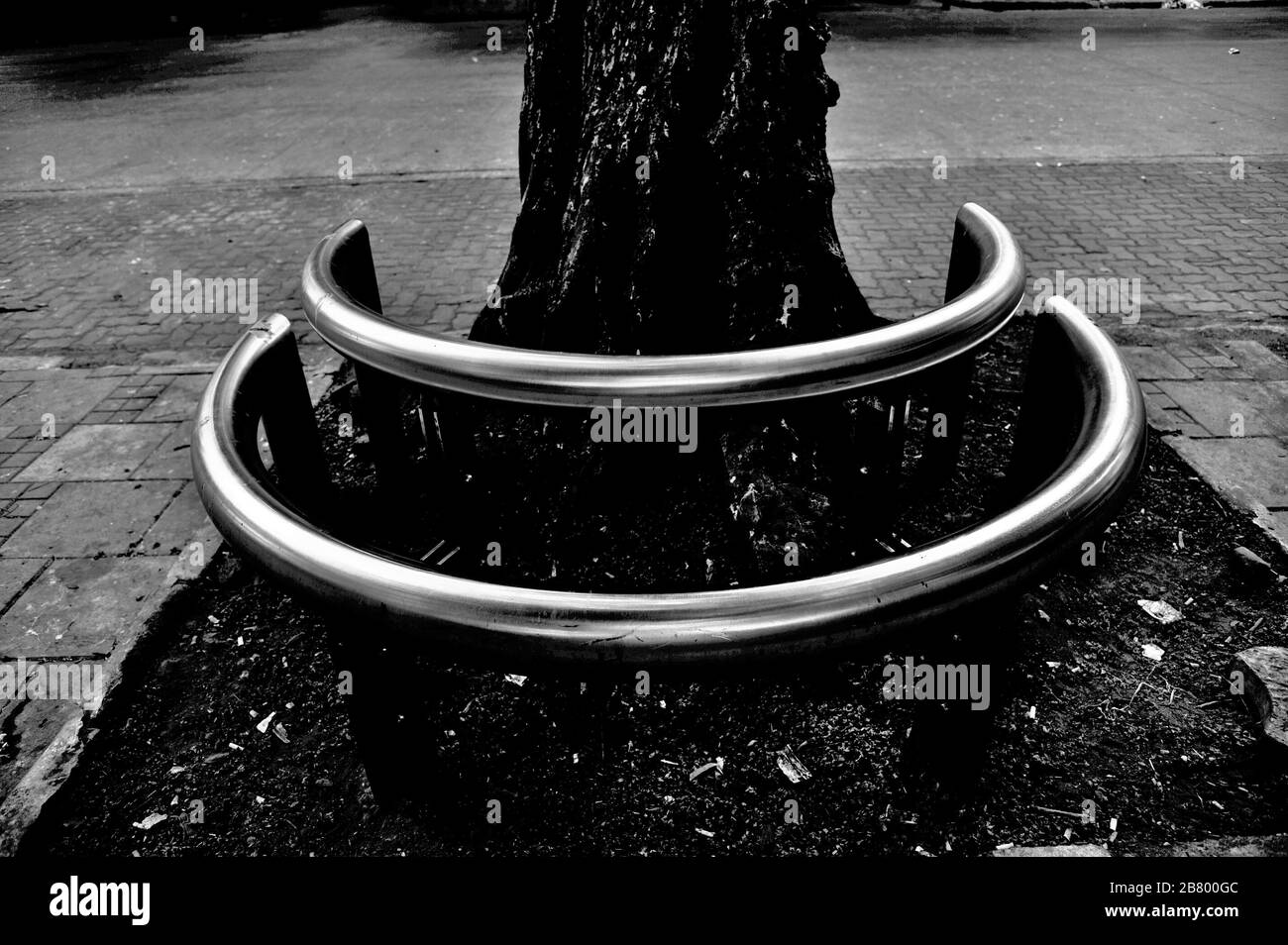 Metall-Edelstahlrohrbank zum Sitzen, Art Plaza, Kala Ghoda, Fort, Bombay, Mumbai, Maharashtra, Indien, Asien Stockfoto