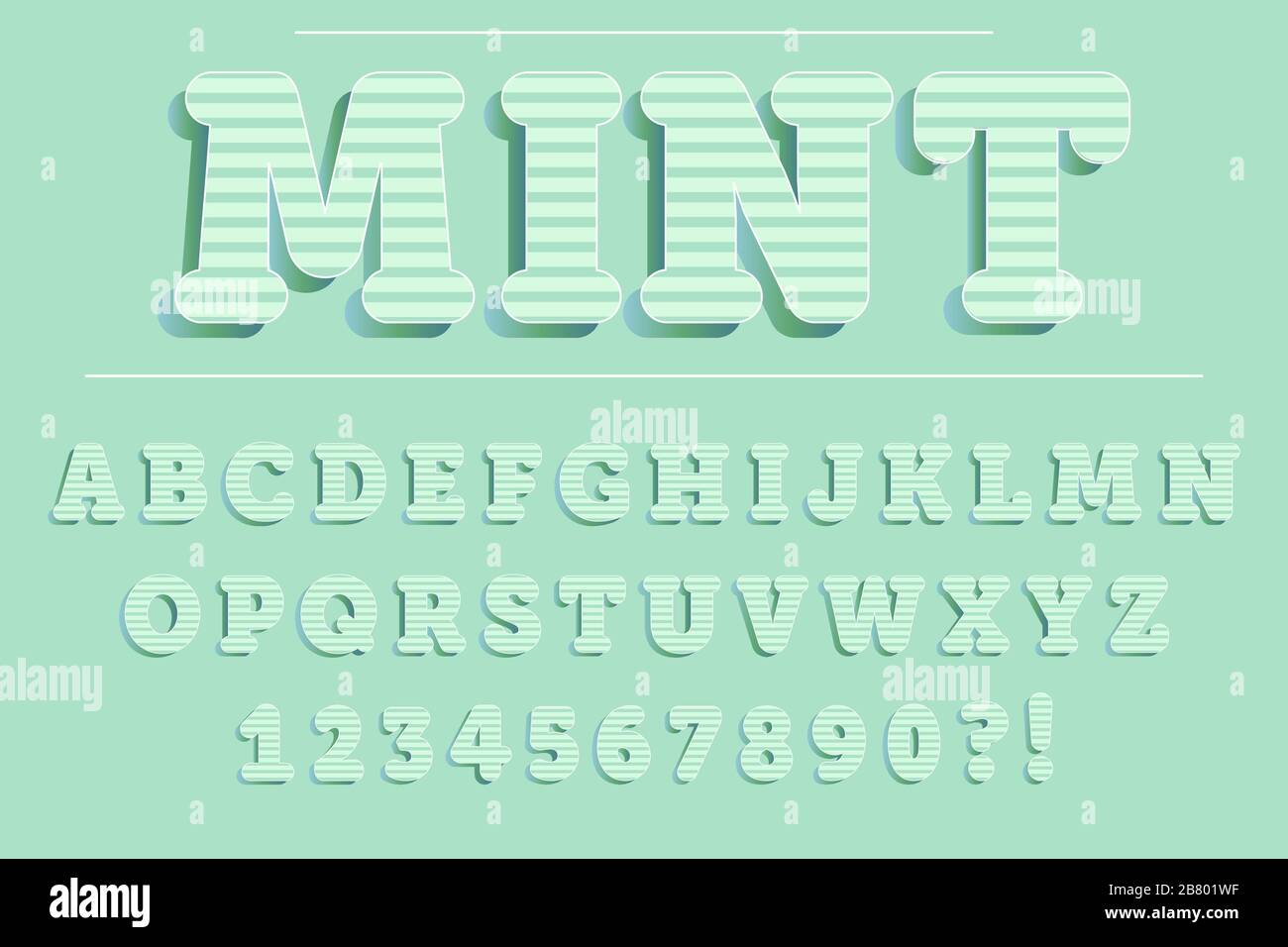 Moderne Buchstaben, Zahlen und Symbole in 3D-Minze. Süße Typografie . Vektor Stock Vektor