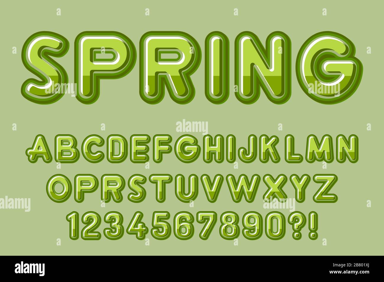 Modernes grünes 3D-Alphabet Buchstaben, Zahlen und Symbole. Federtypografie . Vektor Stock Vektor