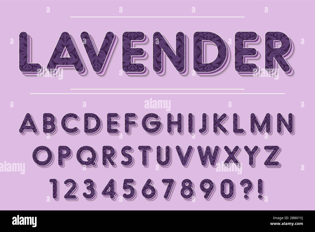 Moderne Buchstaben, Zahlen und Symbole aus dem 3D-Lavendelalphabet. Süße Typografie . Vektor Stock Vektor