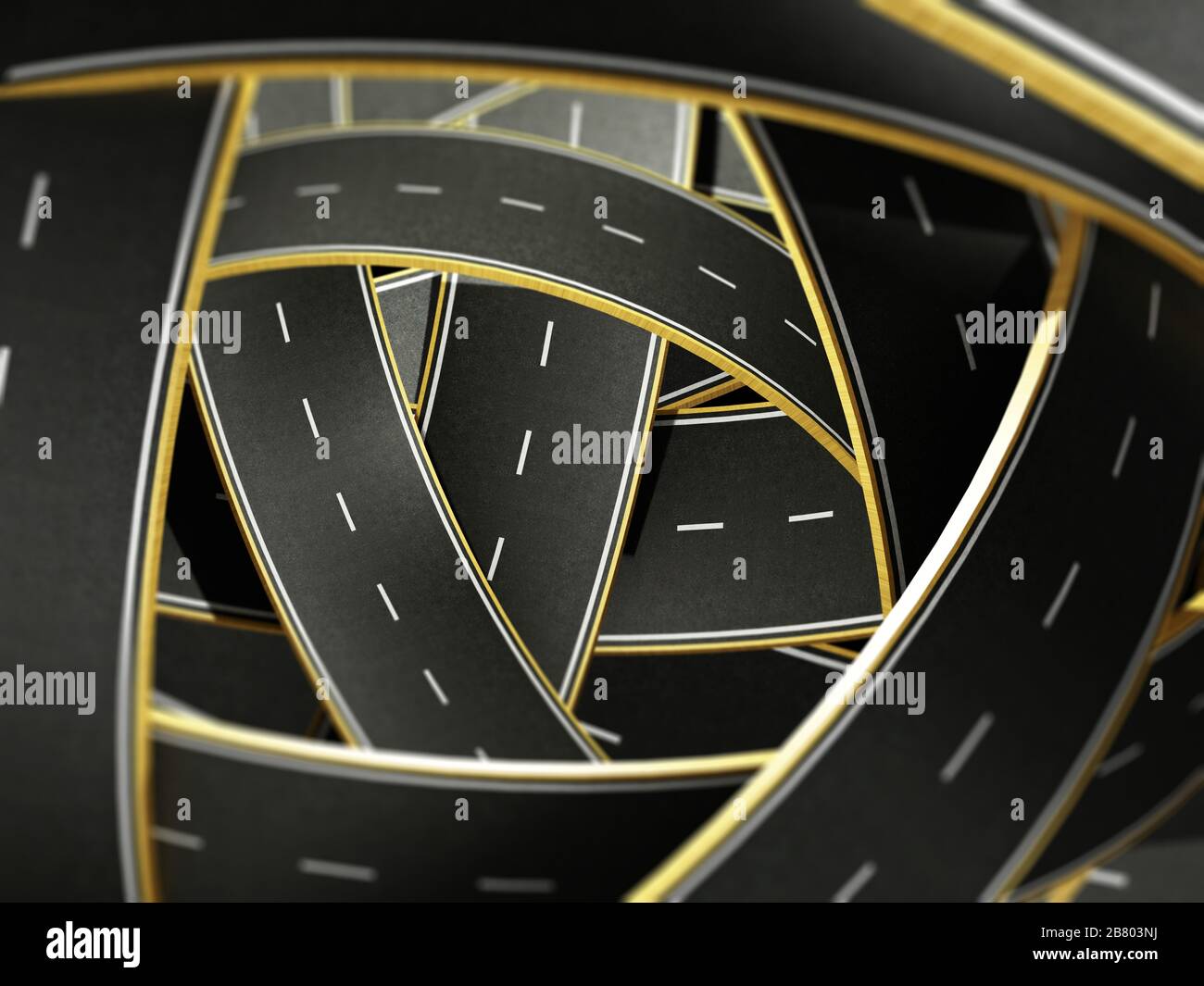 Verworrene Straßen mit Tiefenwirkung im Hintergrund. 3D-Abbildung. Stockfoto