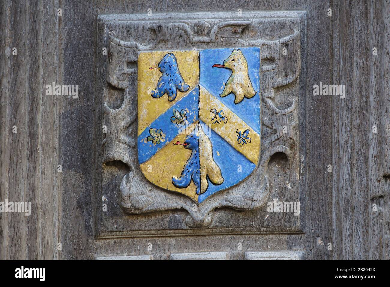 Wappen des Trinity College der Universität Oxford die Abzeichen oder Crest geschnitzt ist, oder auf das große Tor in der Bodleian Library in Catte Street geprägt Stockfoto