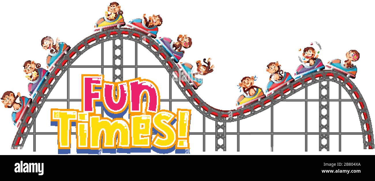 Schriftdesign für Wort-Fun-Zeiten mit Happy Monkeys in Achterbahn-Illustration Stock Vektor