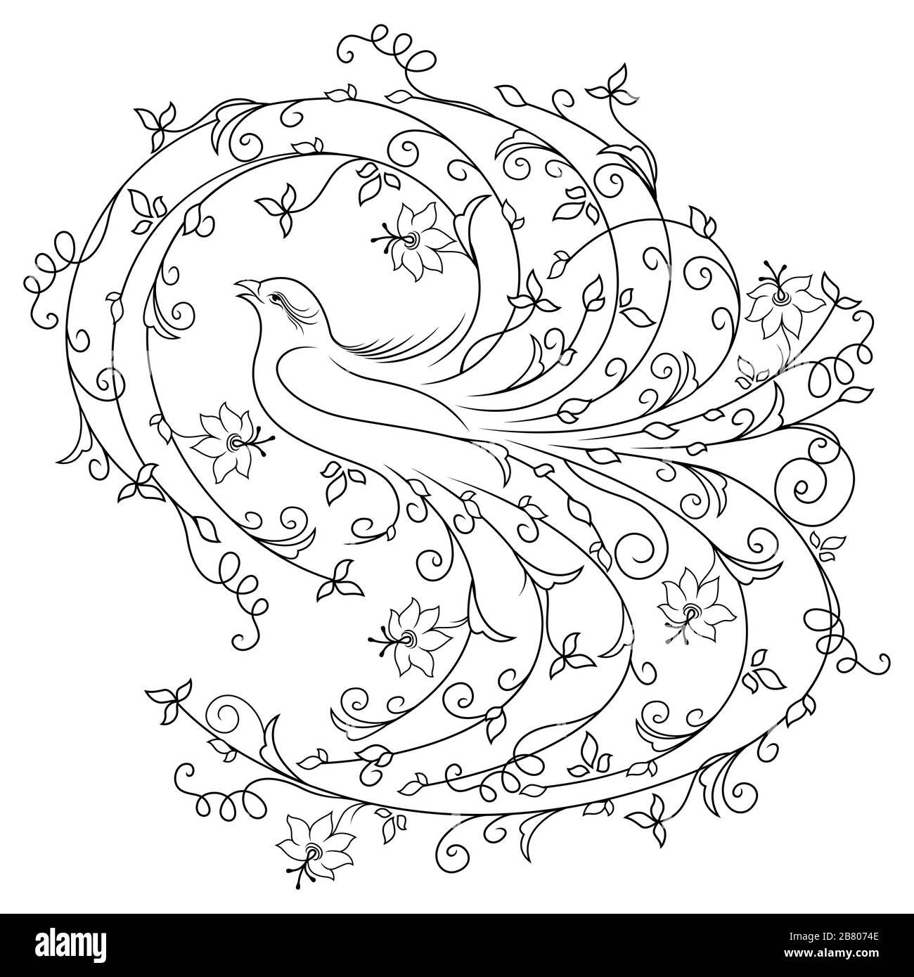 Schwarzer Umriss eines schönen Vogels, dessen Flügel und Schwanz mit Blättern und Blumen, Illustration isoliert auf dem weißen Hintergrund Stock Vektor