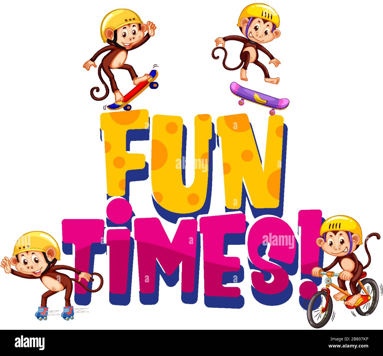 Schriftdesign für Wort-Fun-Zeiten mit Affen, die auf weißer Hintergrundillustration spielen Stock Vektor