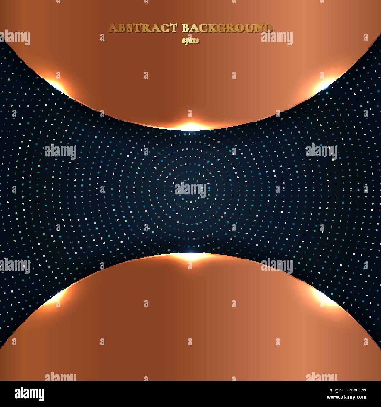 Abstrakter metallischer Kreis aus Kupfer mit Partikel-Elementen auf dunkelblauem Hintergrund. Vektorgrafiken Stock Vektor