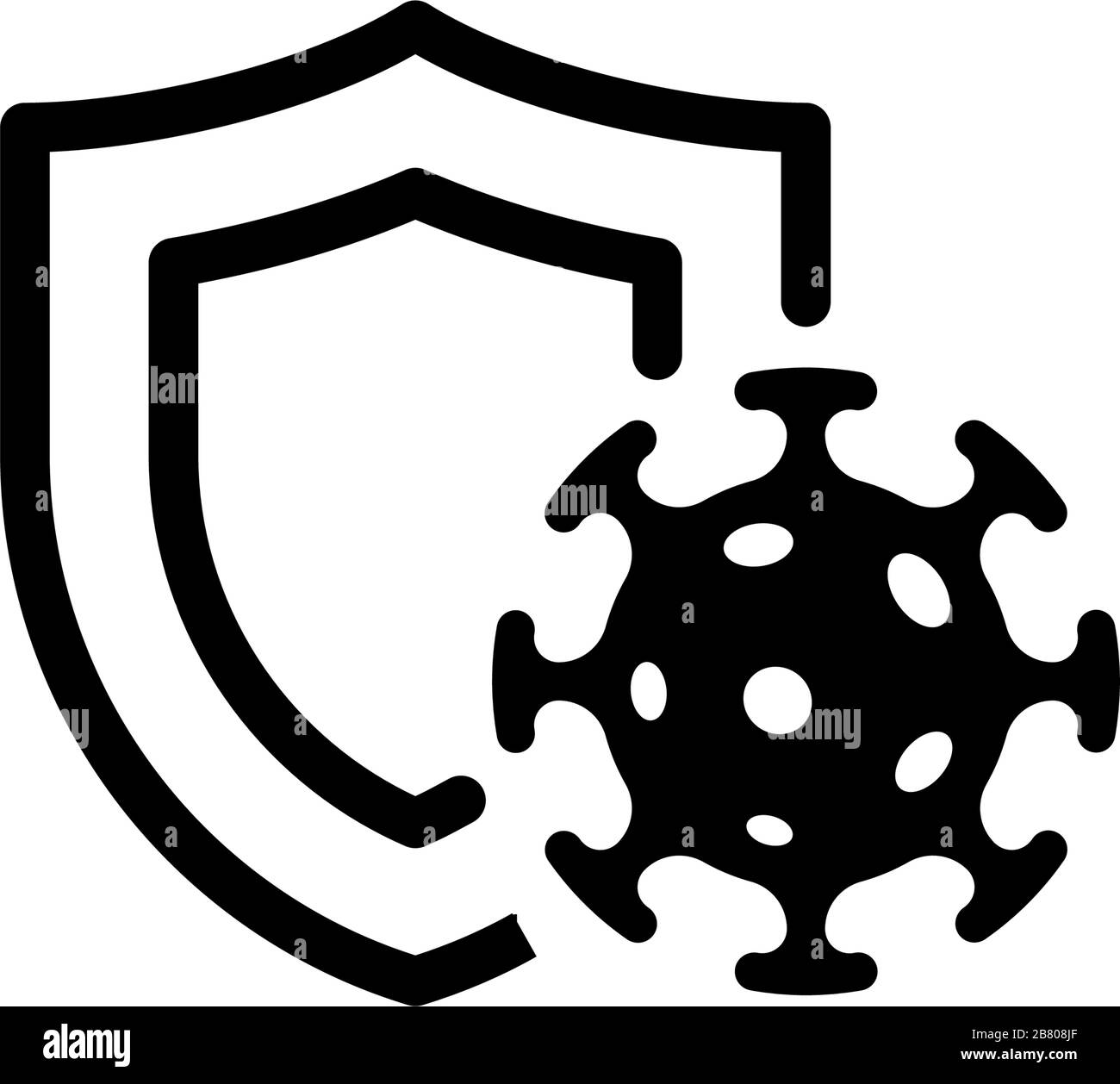 Konzept des Immunsystems. Hygienischer medizinischer schwarzer Schutz vor Coronavirus COVID-19 Symbol. Menschliches Immunitätszeichen. Corona Virus Defense Symbol Vektor isolierte Illustration Stock Vektor