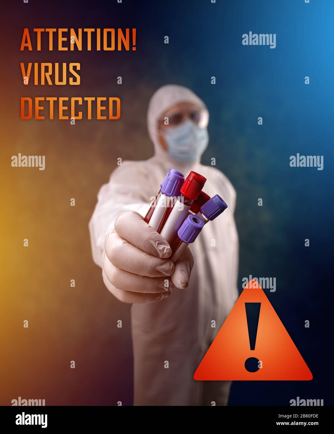 Medizinisches und wissenschaftliches Konzept. Arzt hält die Blutprobe in der Hand. Virust hat Text erkannt Stockfoto