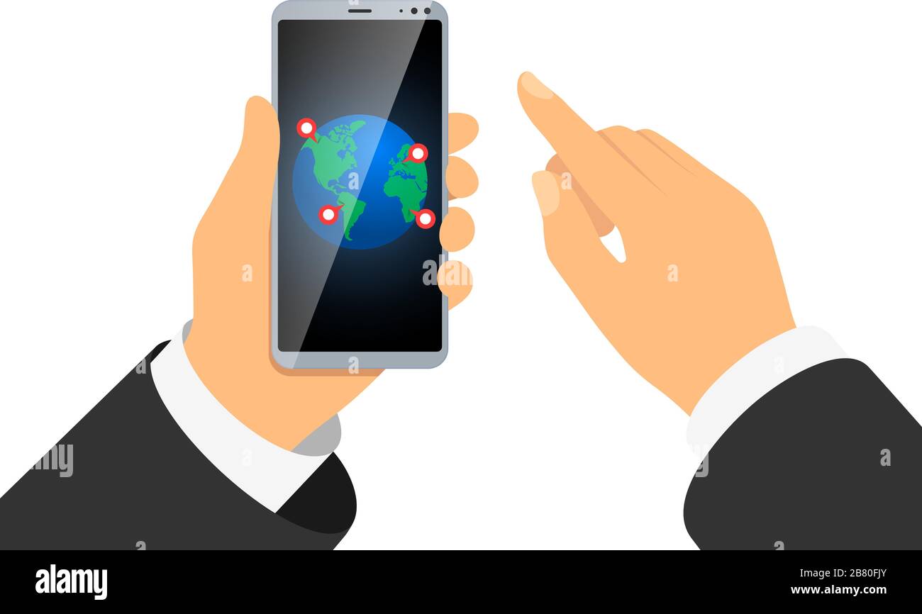 Hand halten Smartphone mit Erde Planeten und gps-Position Pin Zeiger auf Finger berühren Bildschirm. Globale Online-Lieferung oder Reisedienst mobile Navigation App Konzept. Vektor-eps-Abbildung Stock Vektor