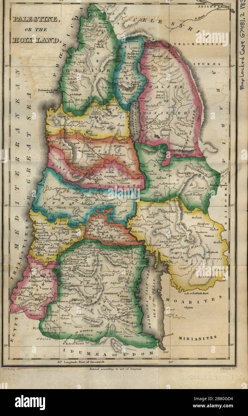 Biblische Karte Palästinas oder des Heiligen Landes von 1834 mit der Teilung des Landes unter den Stämmen Israels Stockfoto