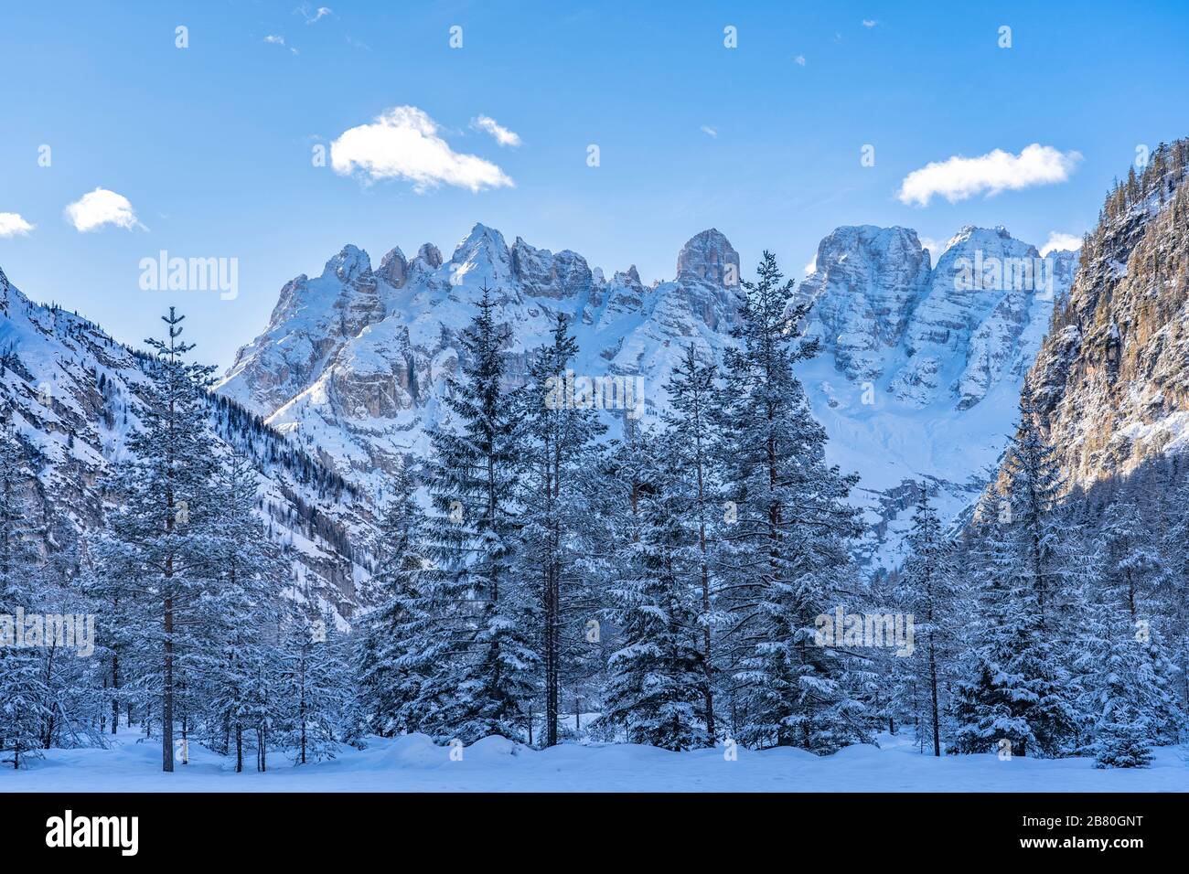 Winter-Berglandschaft mit dem Monte Cristallo in den drei Gipfeln der Region der Dolmen bei Toblach und Innichen, Südtirol, Italien, Landschaftsfotografie Stockfoto