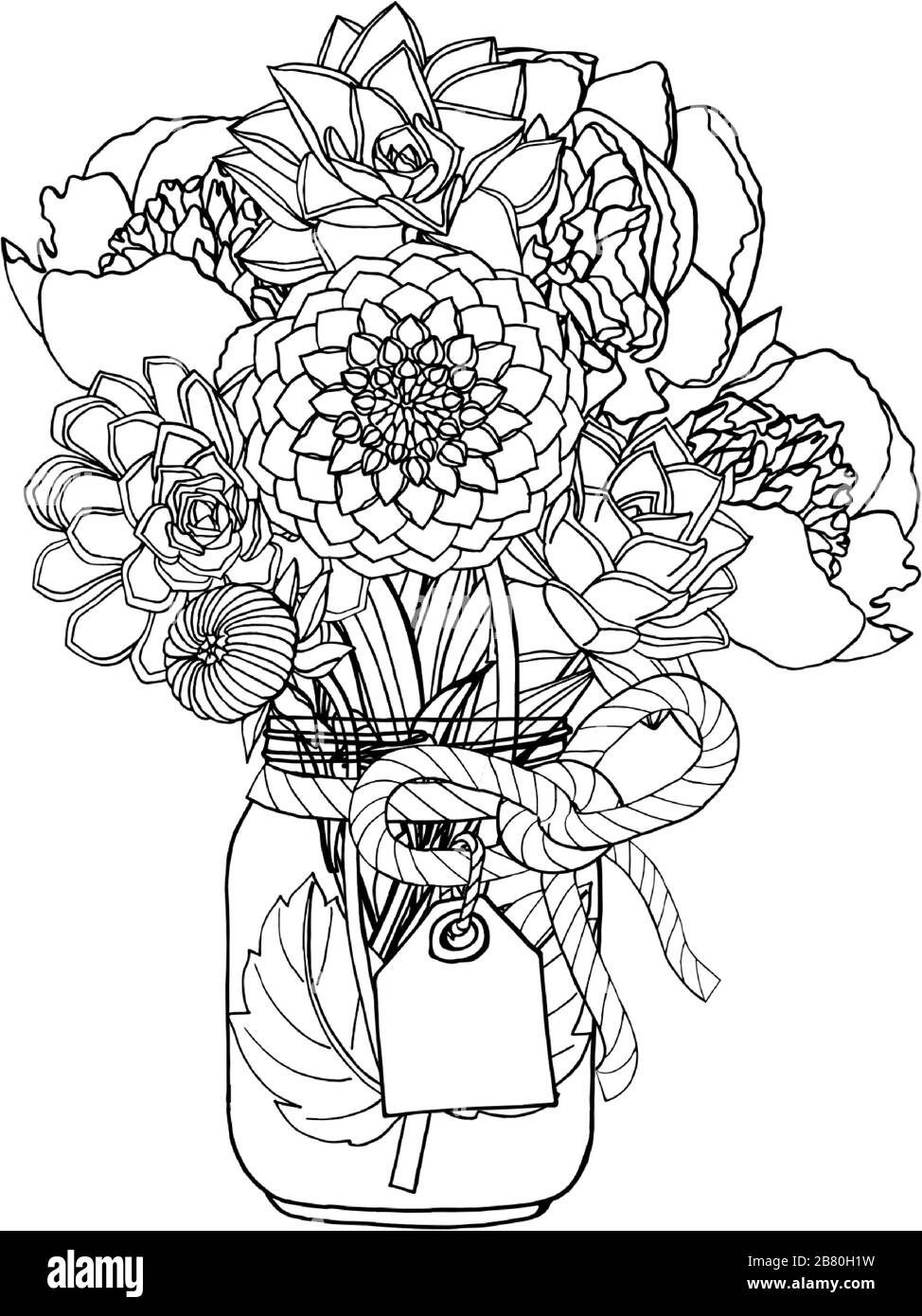 Handgezeichneter Blumenstrauß im Doodle-Stil mit verschiedenen Blumen, saftig, peinig, Dahlia Stock Vektor