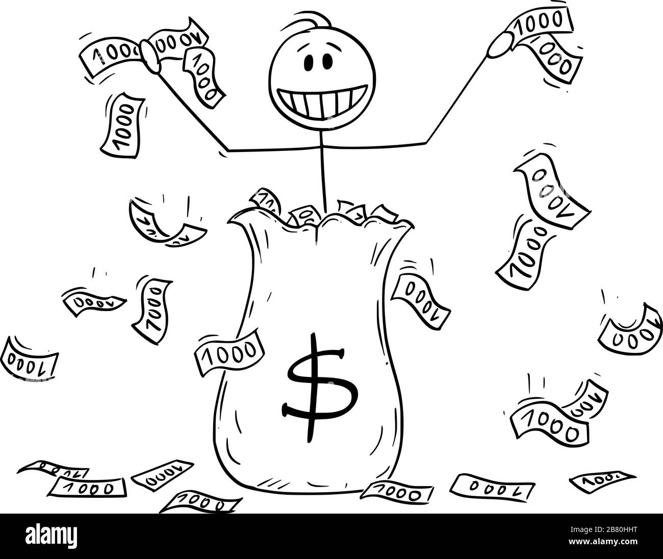 Vector Cartoon Stick Figure Zeichnung konzeptuelle Illustration von Mann oder Geschäftsmann oder Banker, die um Dollar-Währungsscheine oder Bargeld aus dem großen Geldbeutel werfen. Quantitatives Leasing- oder Helikopter-Geld-Konzept. Stock Vektor