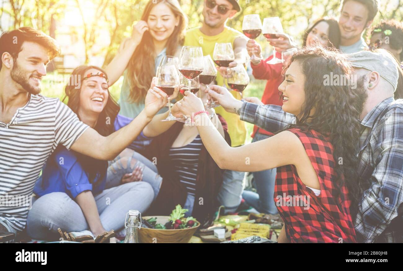 Eine Gruppe von Freunden, die ein Picknick genießen, während sie Rotwein trinken und im Freien essen - junge Leute jubeln und gemeinsam Spaß haben - Sommer, Freundschaft und y Stockfoto