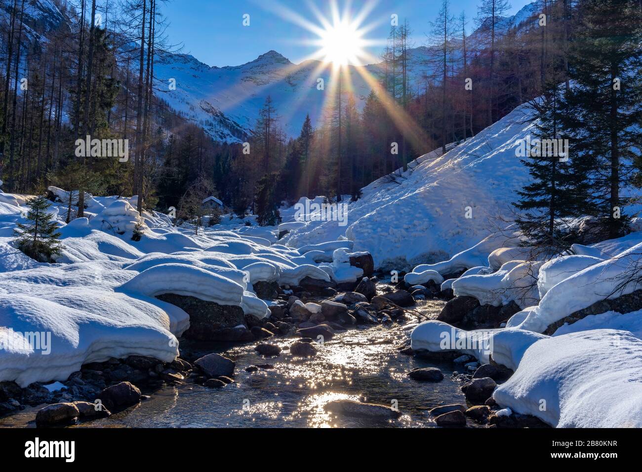 Winterpanorama von Val Quarazza, Monte Rosa (Italien) Stockfoto