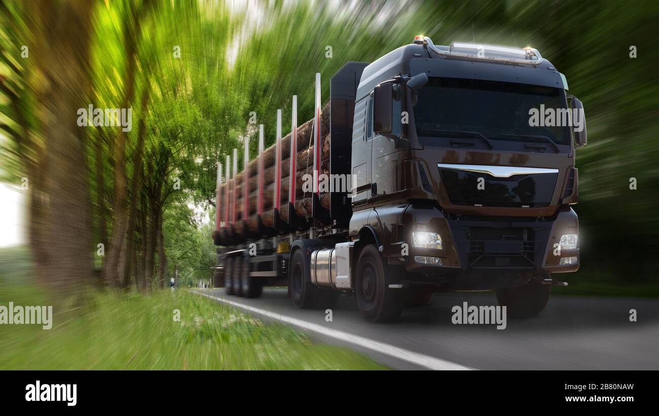LKW mit schwerer Last. Große Baumstämme auf dem Trailer, Deutschland. Stockfoto