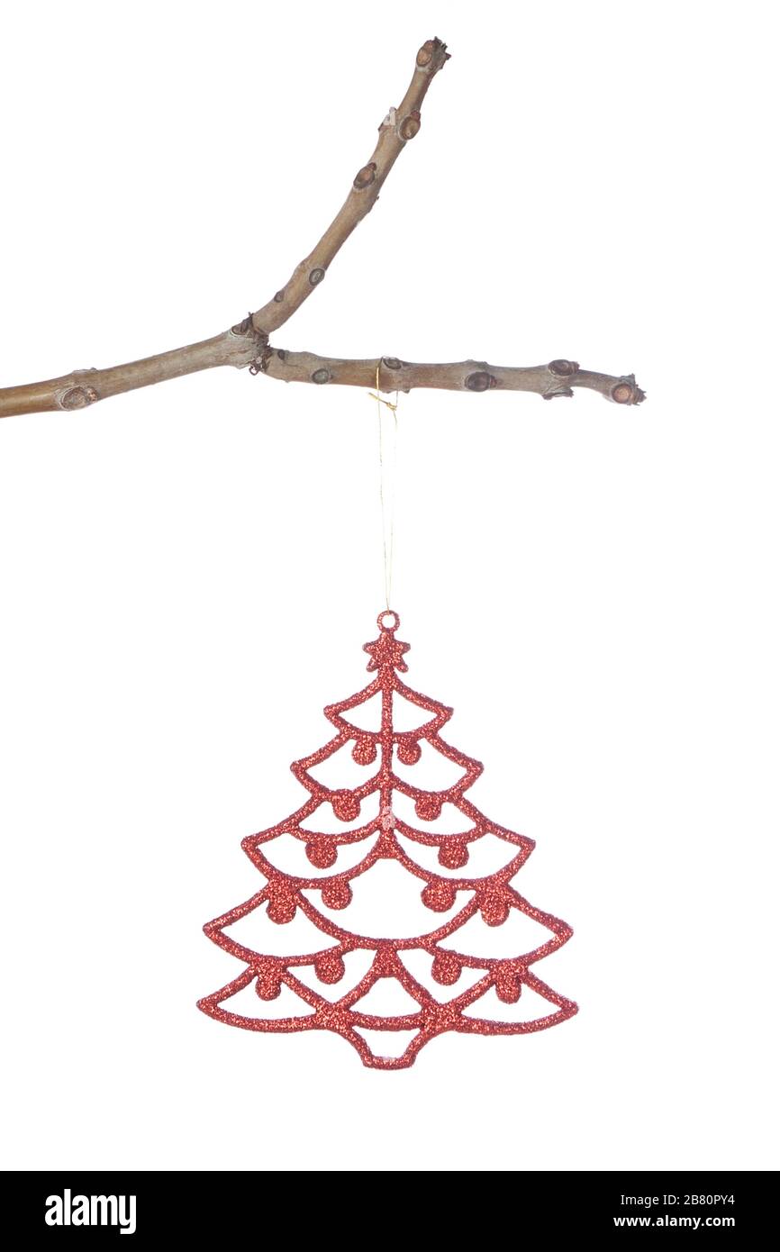 Weihnachtsbaumschmuck auf einem Ast. Auf weißem Hintergrund. Stockfoto