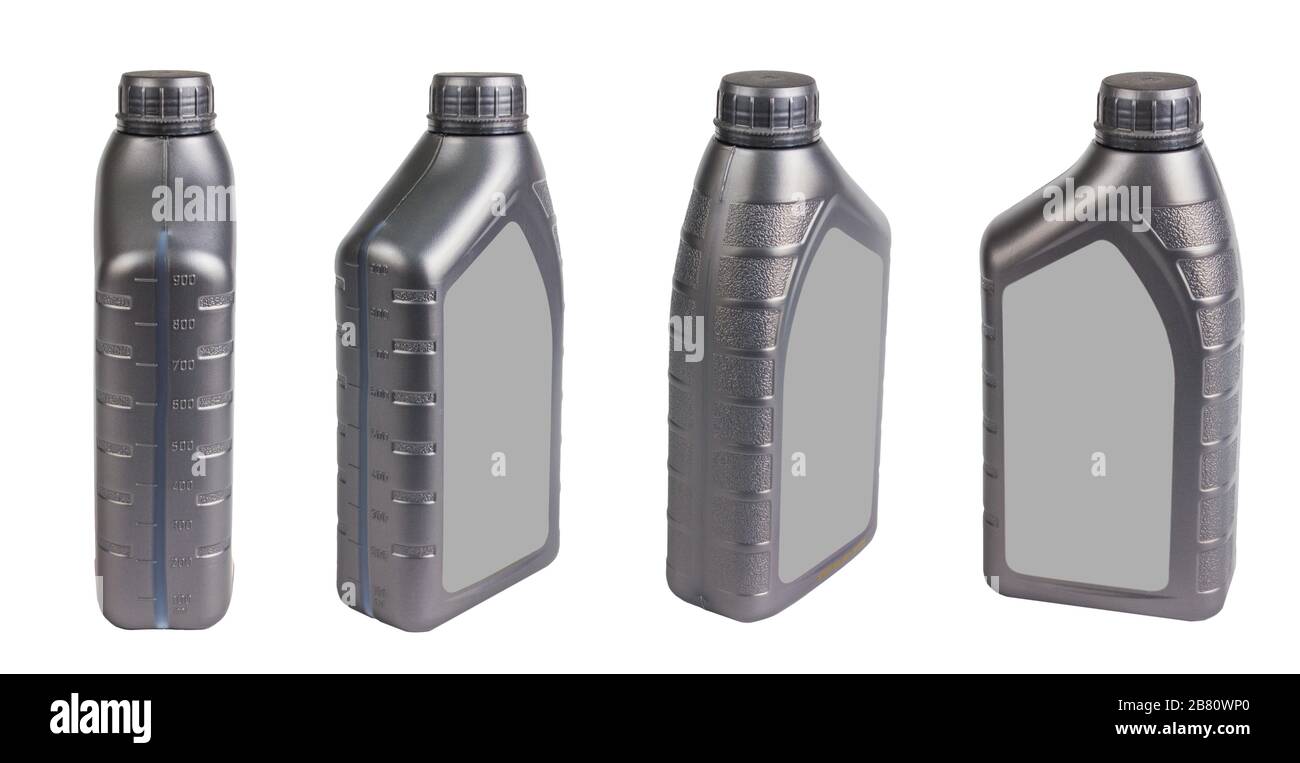 Kunststoffbehälter für Motoröl isoliert auf weißem Hintergrund, 1-Liter-Flaschenbehälter. Motorölflasche für Ersatzteile. Stockfoto
