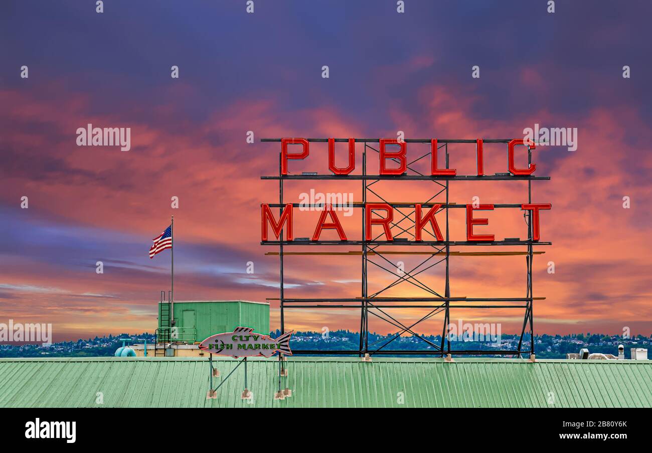 Pile Place Market bei Sonnenuntergang Stockfoto