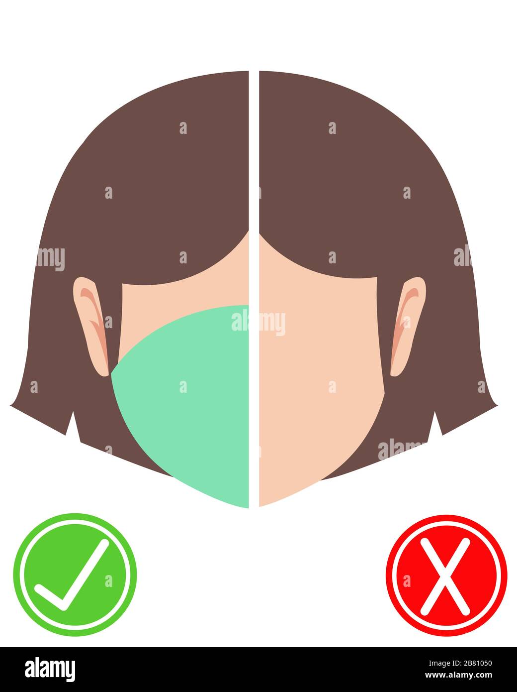 Einfache Darstellung eines Mädchens tragen Gesichtsmaske, die zeigt, wie wichtig es ist, eine Maske für die aktuellen Bedingungen zu tragen Stockfoto