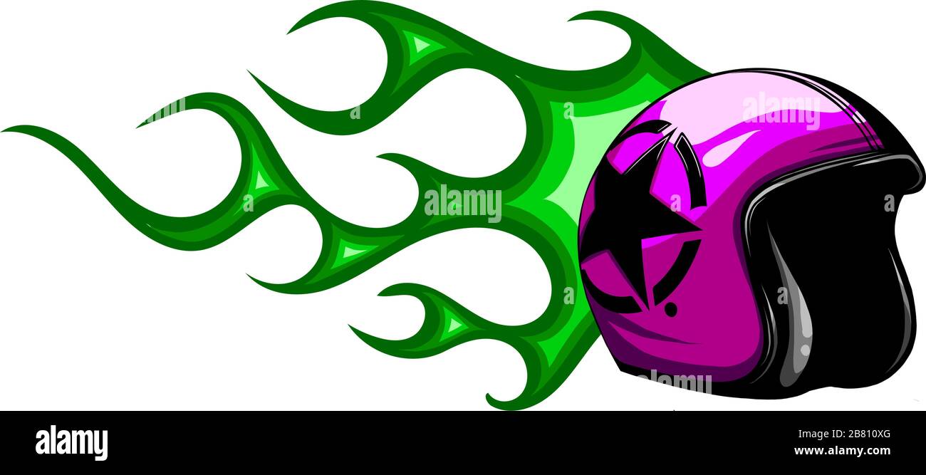 Klassischer Helmmotorradrennfahrer mit Feuervektorillustration. Stock Vektor