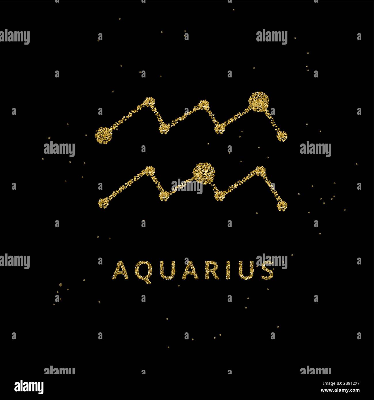 Wassermann Tierkreis-Horoskop-Zeichen, die Astrologie schimbol in goldenem glänzendem glitzernden Stil auf schwarzem Himmelshintergrund. Stock Vektor