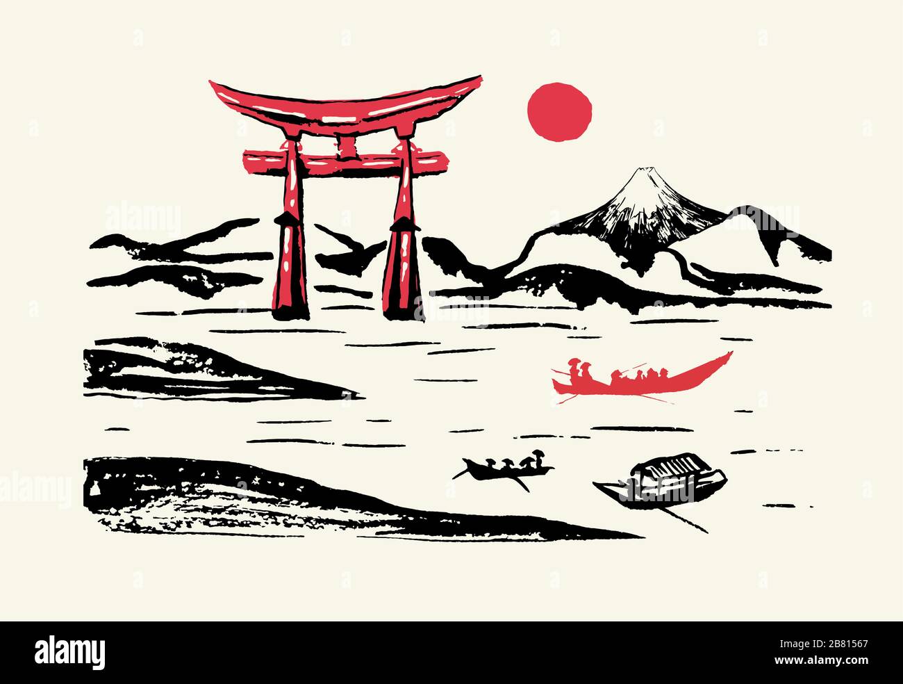 Japan Fuji Berg und rotes Torii Tor, Vektor Tinte Pinsel Kalligraphie Panorama Hintergrund. Japanische Fuji-Halterung und Sonne über dem Fluss mit Fischer-Boot-Silhouette, Farb-Pinsel handgezeichnete grafische Landschaft Stock Vektor