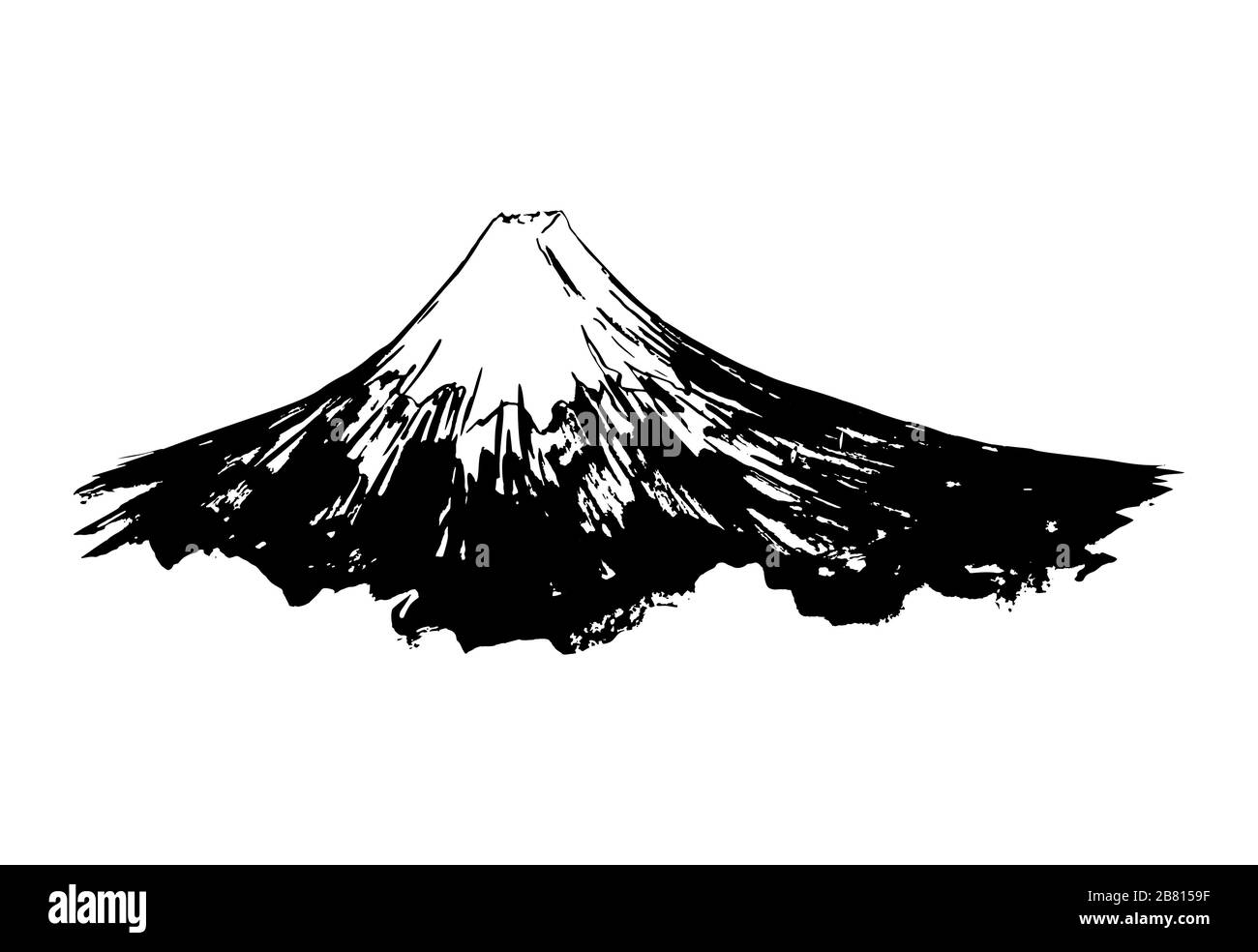Fuji-Mount-Tinte mit handgezeichneter Kunst, japanische Berge im vektoralen Kalligraphie-Stil mit Pinsel. Mount Fuji mit Schneepunkt, Japan und Tokyo Wahrzeichen Symbol Tinte Skizze Grafik mit Pinselstruktur Stock Vektor