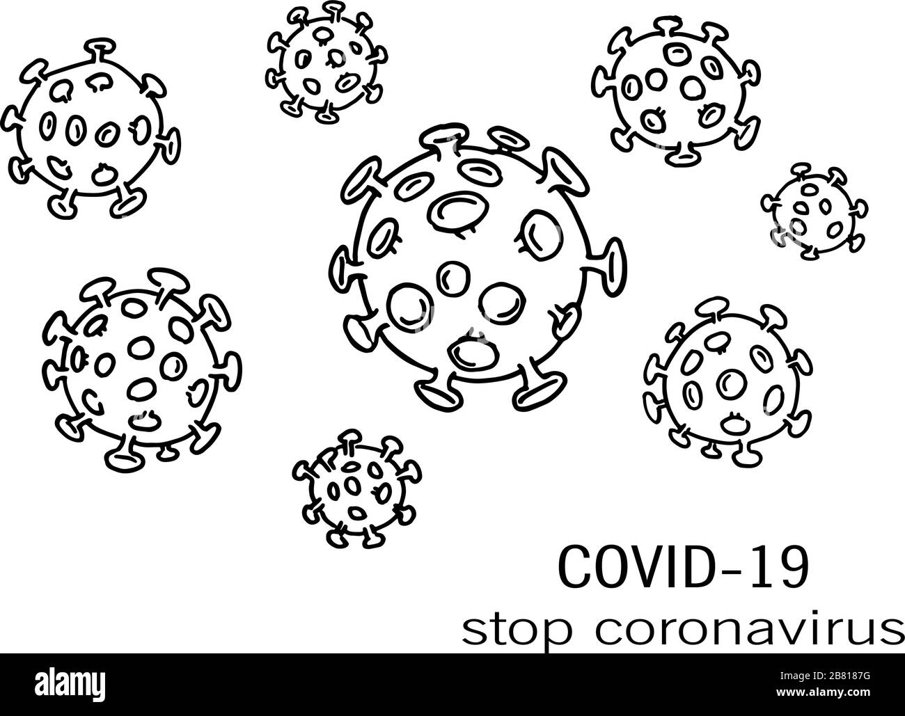 Vektorzeichnung der Umrisse menschliches Coronavirus Virion in schwarz isoliert auf weißem Hintergrund. Neuer Stamm von Coronavirus 2019-nCov für Gesundheit und Heilmittel Stock Vektor