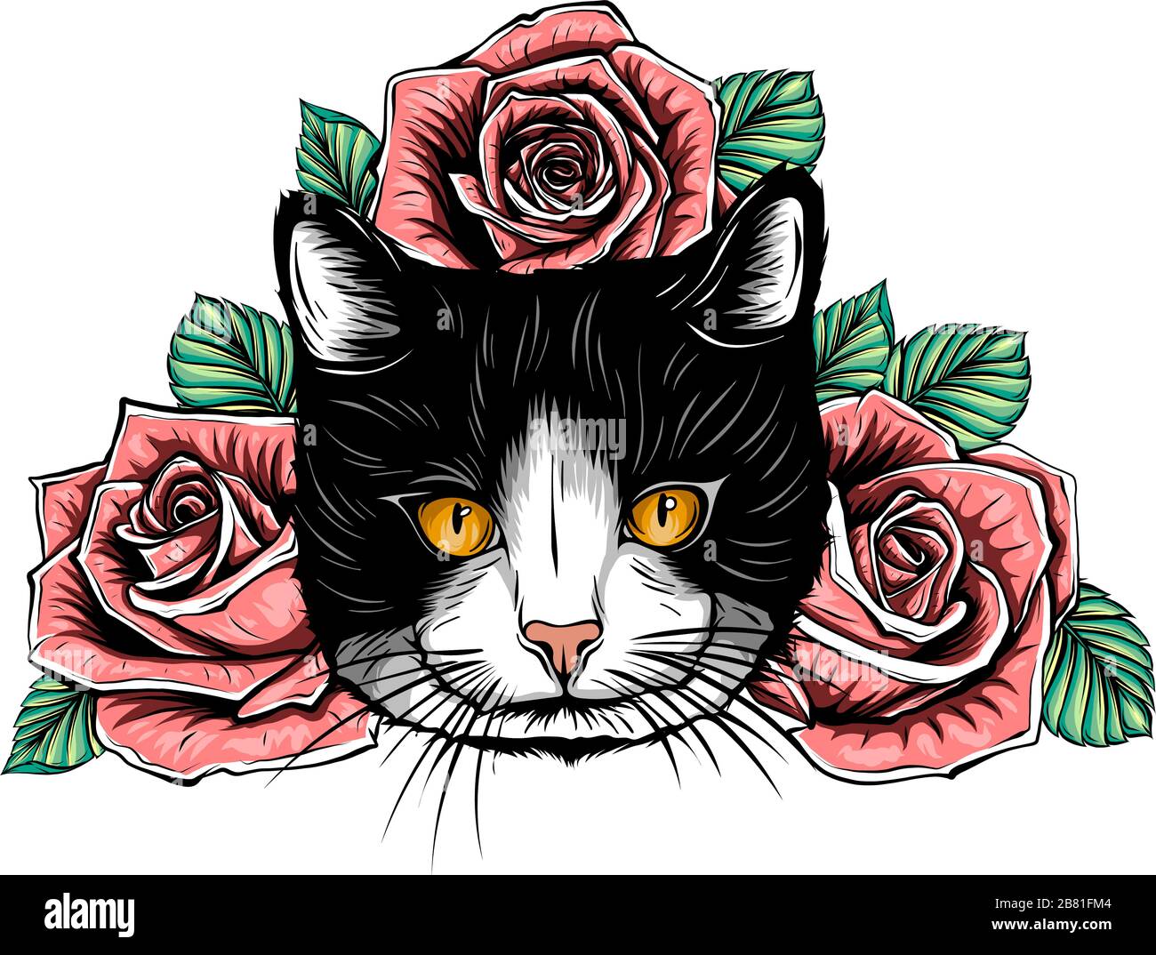 Cartoon flauschige Katze mit Rosen. Siamkatze mit offenen Augen und Blumen. Stock Vektor