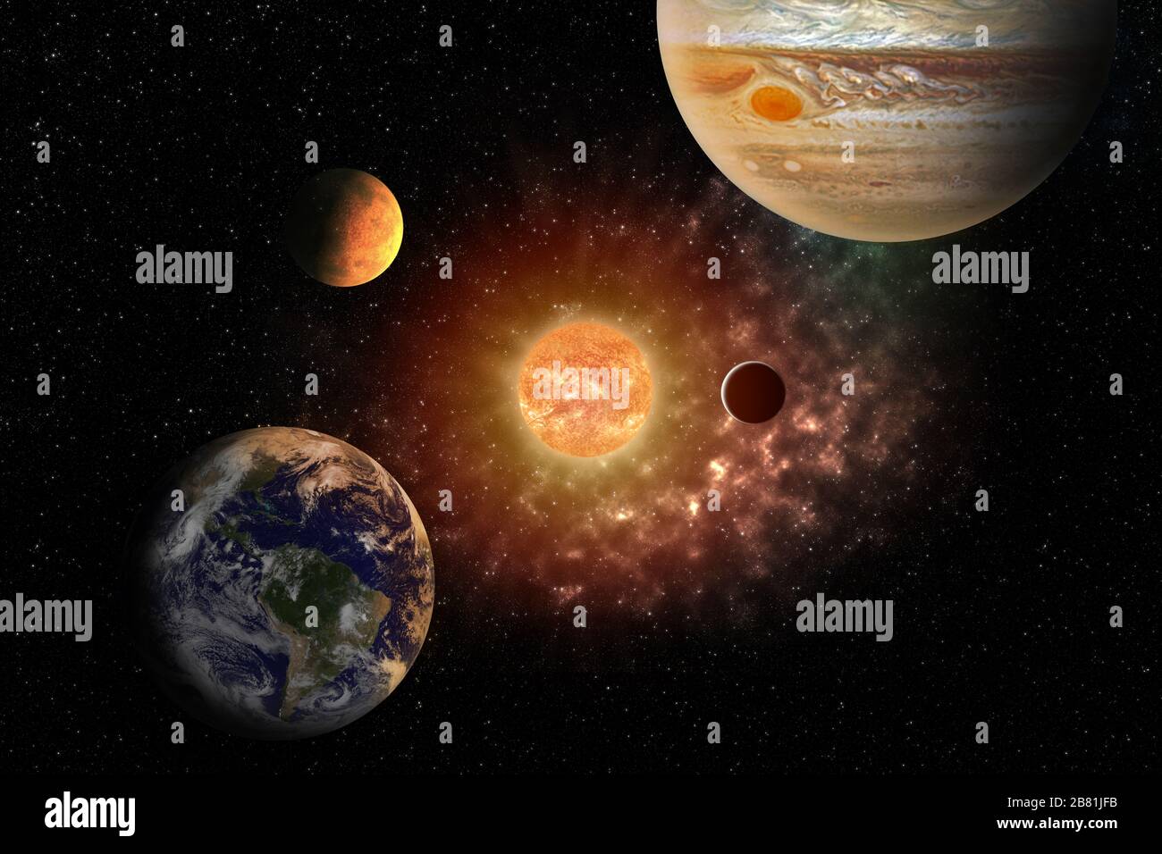 Planeten umrunden die Sonne im Sonnensystem in den farbenfrohen Sternenuniversum-Elementen dieses Bildes, das von der NASA eingerichtet wurde Stockfoto