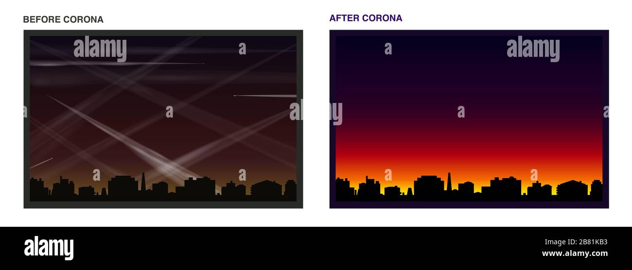 Kondensstreifen vor und nach Coronavirus - Luft- und Lichtverschmutzung durch viele Kondensationswege von Flugzeugen - verschmutzte Atmosphäre. Stockfoto