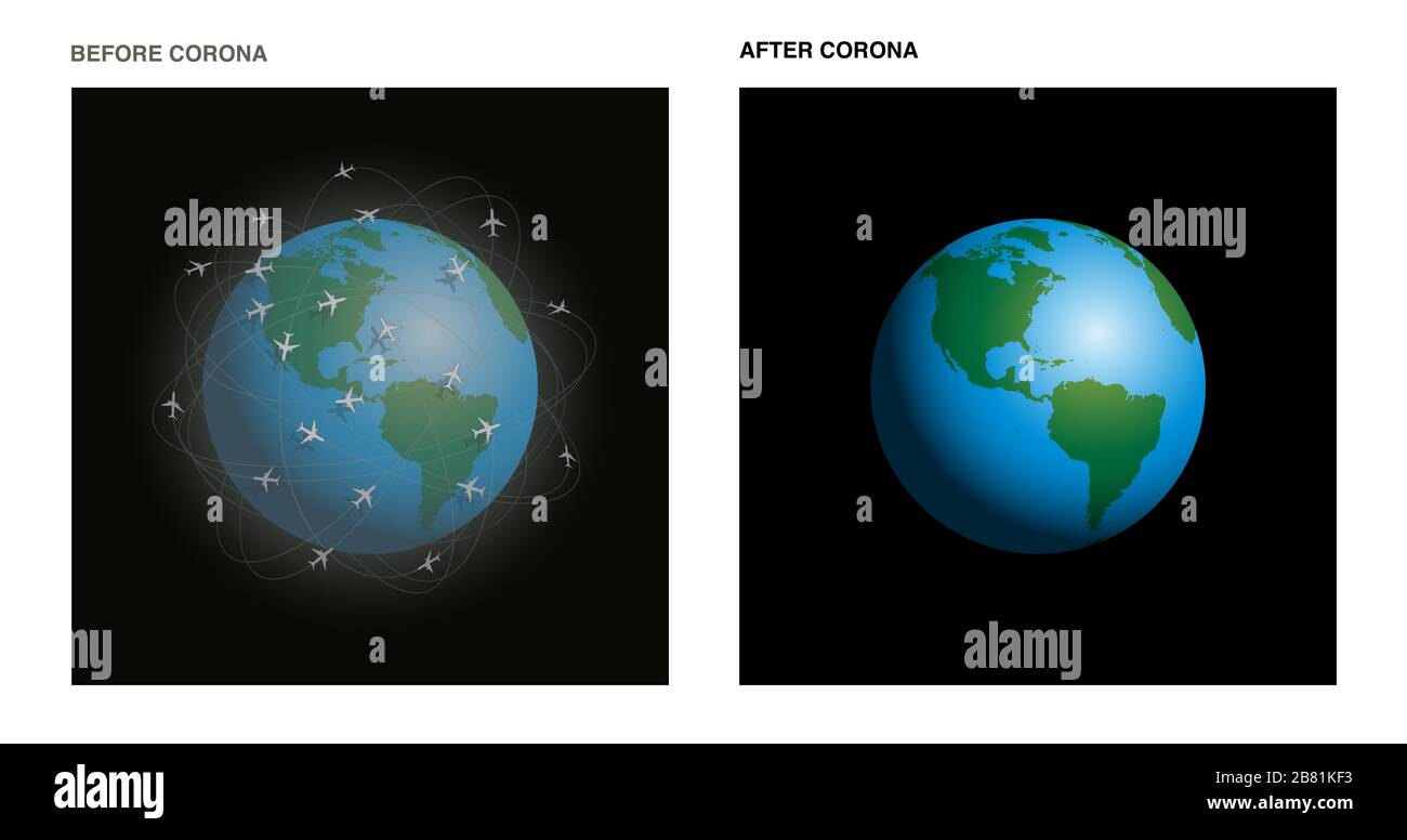 Flugzeuge weltweit vor und nach Coronavirus pandemia. Schmutzige und saubere Erde mit verschmutzter Atmosphäre im Vergleich. Stockfoto