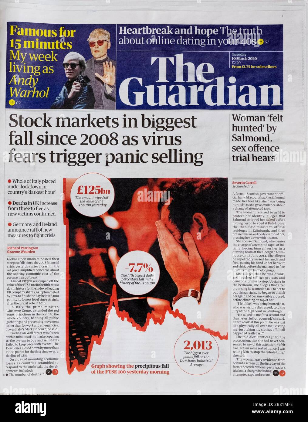 Covid19-Zeitung: "Sock Markets in Biggest Fall seit 2008 AS Virus Fears Trigger Panic Selling" Titelseite Guardian 10. März 2020 Großbritannien Stockfoto