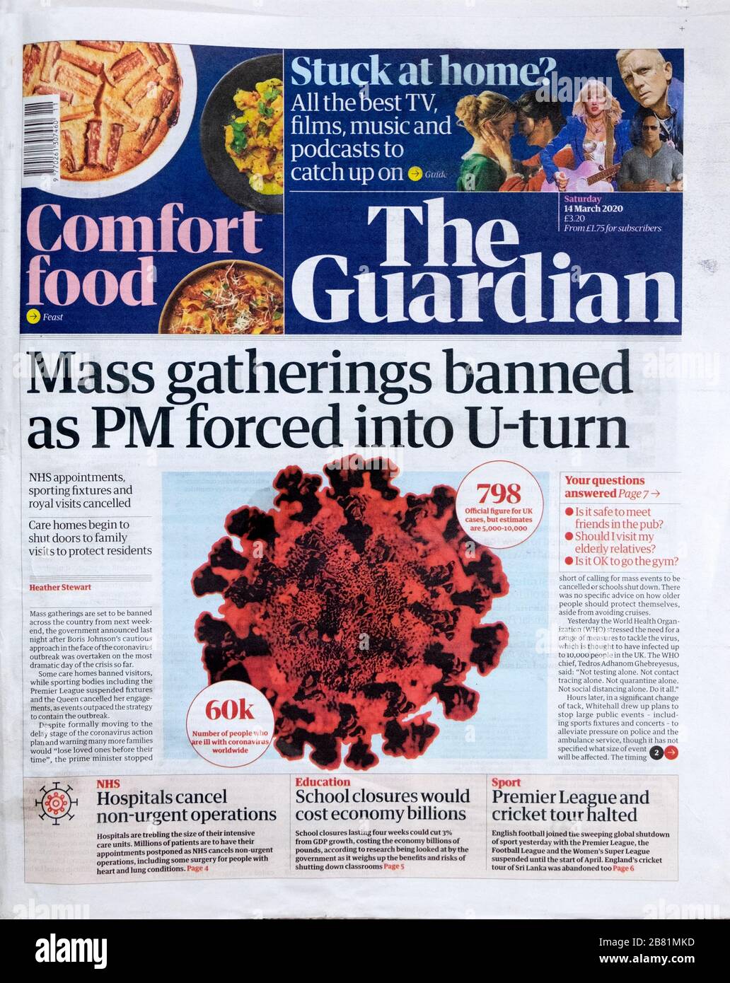 Zeitung Headline Coronavirus Covid-19 "Mass Gatherings Banned as PM forced into U-Turn" Titelseite Guardian 14. März 2020 London England UK Stockfoto
