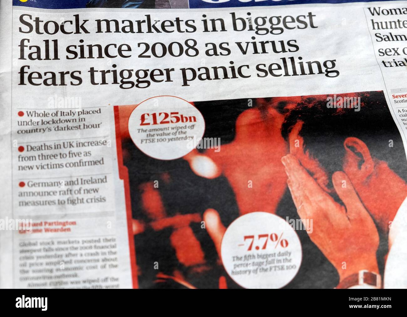 Covid19-Zeitung: "Sock Markets in Biggest Fall seit 2008 AS Virus Fears Trigger Panic Selling" Titelseite Guardian London England UKs Stockfoto