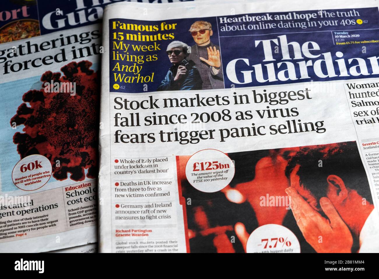 Covid19-Zeitung: "Sock Markets in Biggest Fall seit 2008 AS Virus Fears Trigger Panic Selling" Titelseite Guardian 10. März 2020 Großbritannien Stockfoto