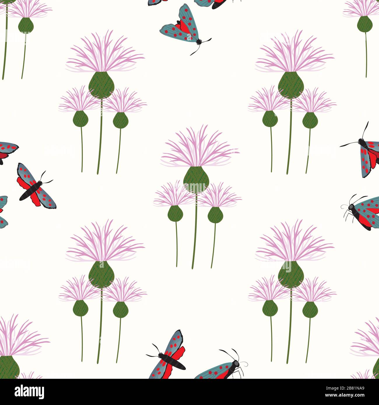 6-punkt-burnett Schmetterling nahtloser Vektor-Muster Hintergrund. Tag Flying Moth auf rosa Knapweed Hintergrund. Schottisches Insektendesign an der Küste. Alles in allem Stock Vektor