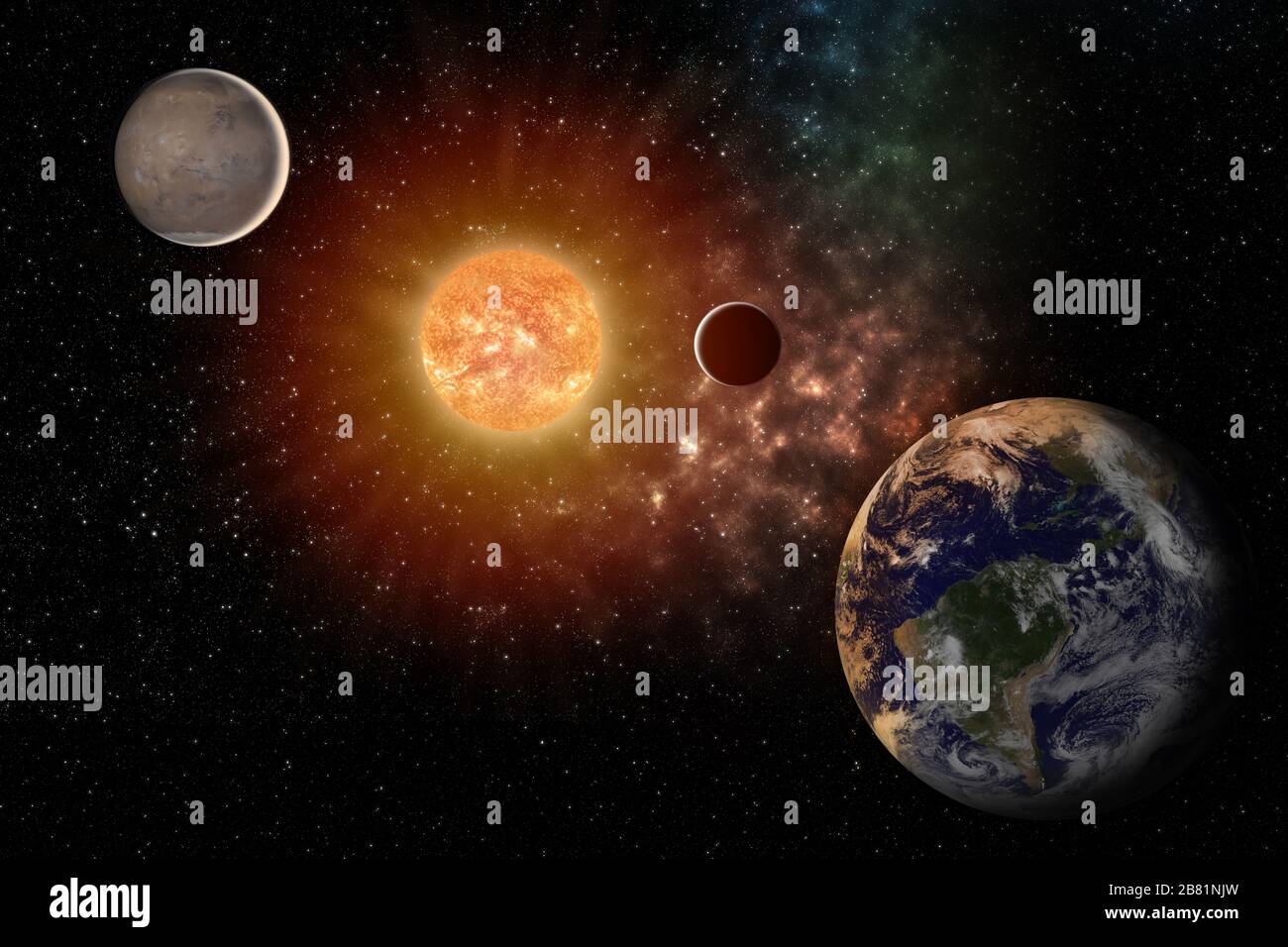 Planeten umrunden die Sonne im Sonnensystem in den farbenfrohen Sternenuniversum-Elementen dieses Bildes, das von der NASA eingerichtet wurde Stockfoto