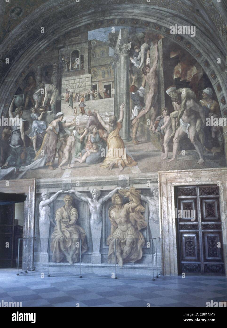 EL INCENDIO DEL BORGO - 1514-17 - VISTA DEL CONJUNTO - RESTAURADO. Autor: RAPHAEL. ORT: MUSEOS VATICANOS-ESTANCIA DEL INCENDIO. AENEAS. ANCHISES. ASCANIUS. PAPA LEON IV LEON IV PAPA. Creusa. Stockfoto