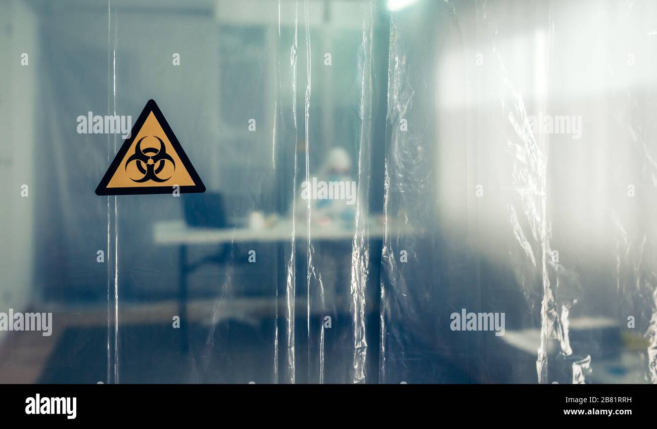 Schutzvorhang mit Symbol für biologische Gefährdung Stockfoto
