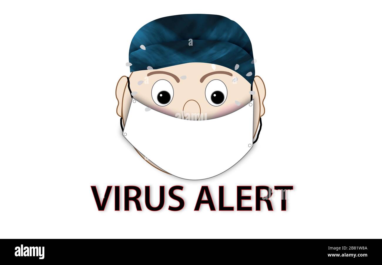 Viruswarnung, alle, die während der Pandemiezeit von Coronavirus alle Vorkehrungen treffen. Charakter, der eine Maske trägt und mit Text schwitzt, Virus Alert. Stockfoto
