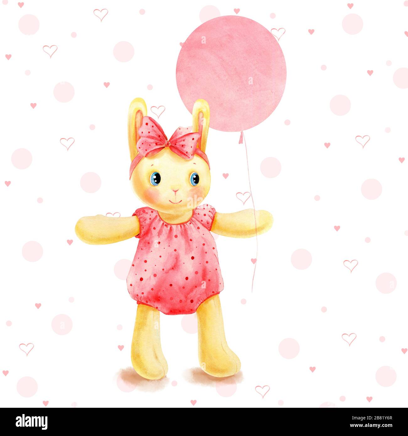 Weiches Spielzeug Neugeborenes Kaninchen in pinkfarbenen Kleidern und mit einem Bogen ist fröhlich. Illustration von Hand in Aquarell gemalt. Bild zum Drucken auf Stoff, zur Verwendung Stockfoto