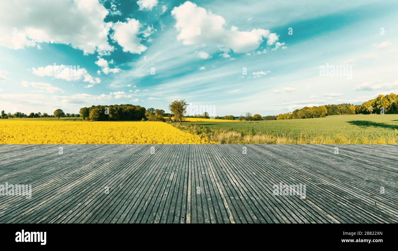 Terrasse mit wunderbarer Aussicht. Panorama-Blick mit gelbem Feld und imposantem blauen Himmel. In der Natur leben. Deutschland Stockfoto